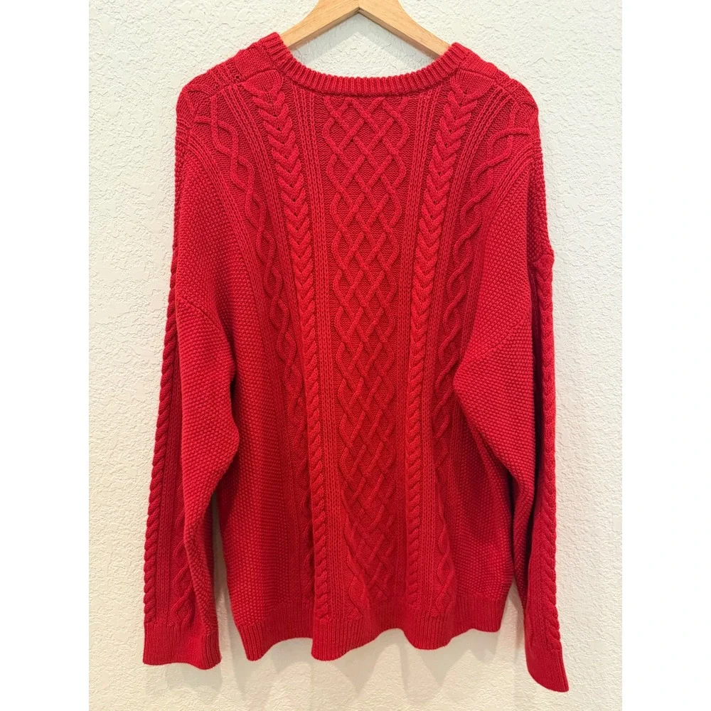 J.Crew Womens 2X Red Cable Knit Sweater 100% Cotton Crewneck Pullover Fisherman - Picture 7 of 10